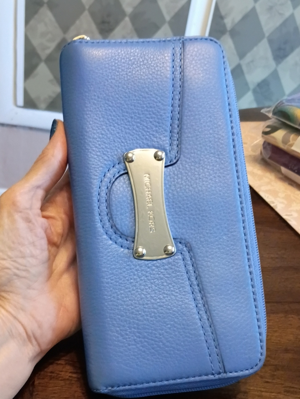 Michael Kors Light Blue Pebbled Zip Wallet with Silver Plaque